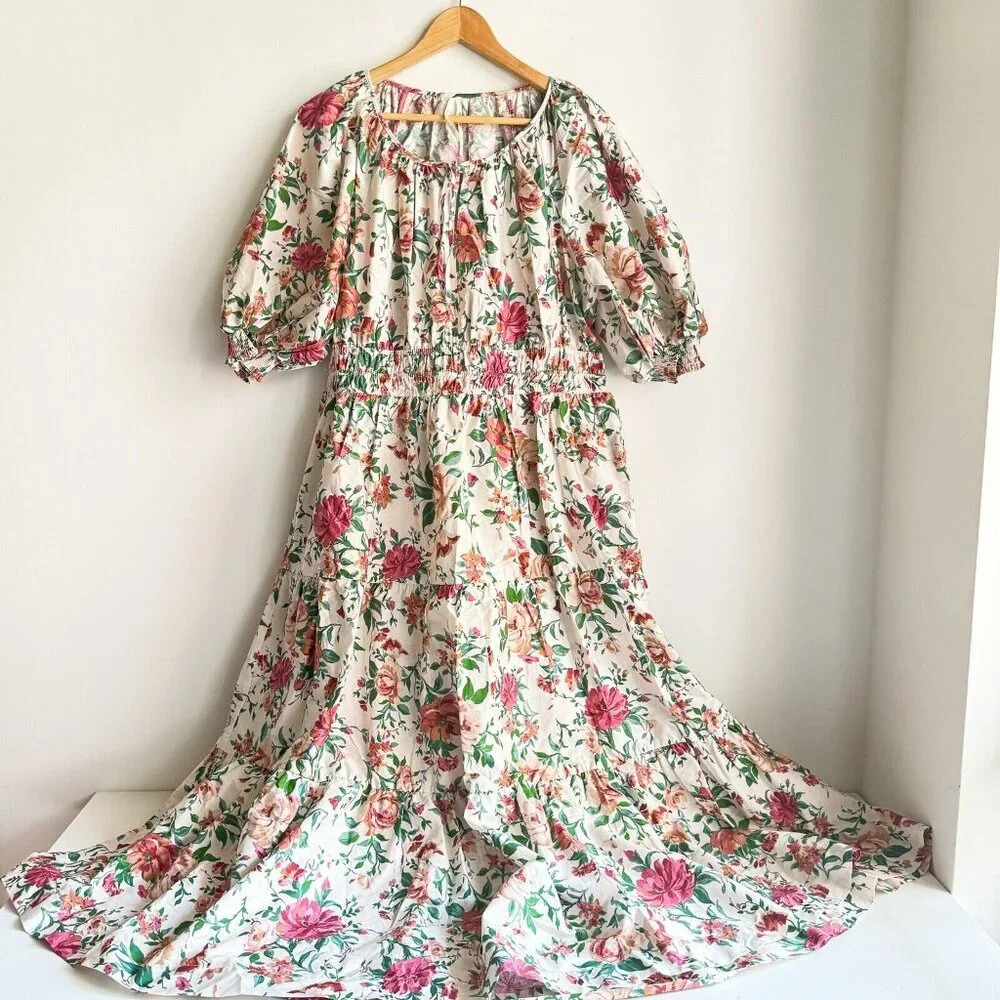 Anthropologie White Floral Puff-Sleeve Maxi Dress with Pink & Green Print - Picture 2 of 8